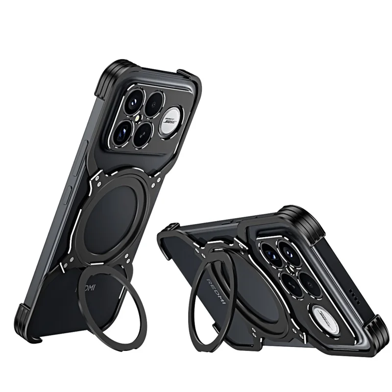 Voor Xiaomi Redmi K90 Pro Max 5G / Poco F8 Ultra hoesje met standaard metalen bumpers magnetische telefoonhoes - Zwart / Zilver