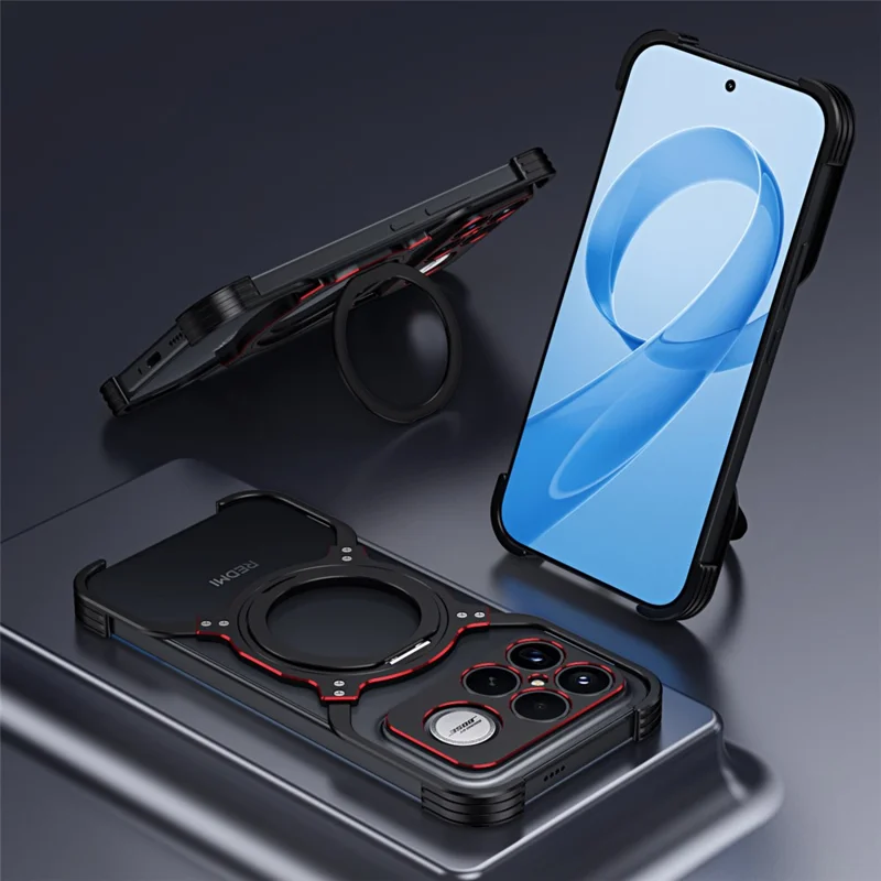 Voor Xiaomi Redmi K90 Pro Max 5G / Poco F8 Ultra hoesje met standaard metalen bumpers magnetische telefoonhoes - Zwart / Zilver