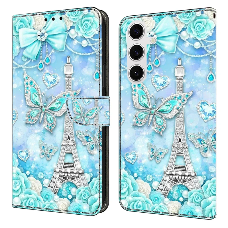 For Samsung Galaxy S26+ Wallet Case Pattern Printing Stand Leather Flip Phone Cover - Butterfly Cobalt Tower