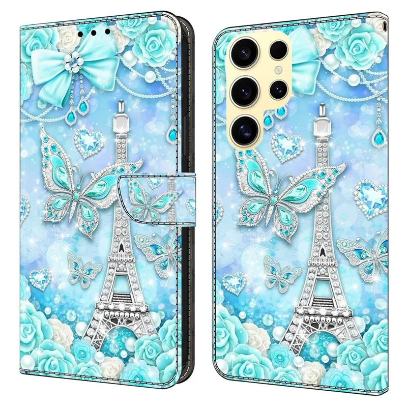 For Samsung Galaxy S26 Ultra Wallet Case Pattern Printing Stand Leather Flip Phone Cover - Butterfly Cobalt Tower