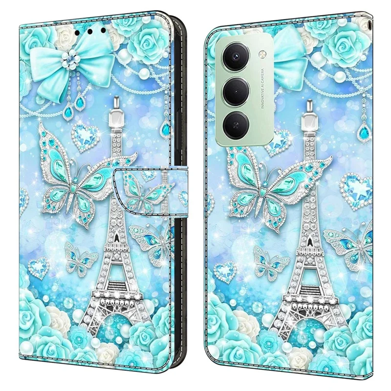 For Xiaomi Redmi 15 5G (Global) (169mm) Wallet Case Pattern Printing Stand Leather Flip Phone Cover - Butterfly Cobalt Tower