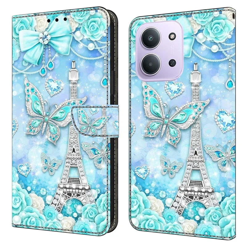 For Xiaomi Redmi 15C 4G (Global) (171mm)  /  Poco C85 4G (171mm) Wallet Case Pattern Printing Stand Leather Flip Phone Cover - Butterfly Cobalt Tower