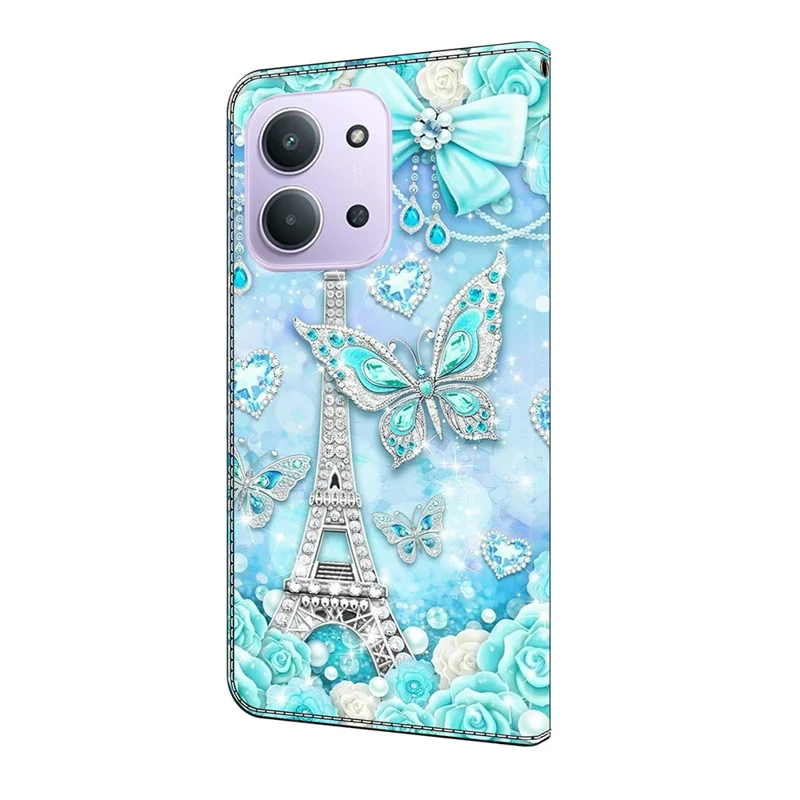 For Xiaomi Redmi 15C 4G (Global) (171mm)  /  Poco C85 4G (171mm) Wallet Case Pattern Printing Stand Leather Flip Phone Cover - Butterfly Cobalt Tower