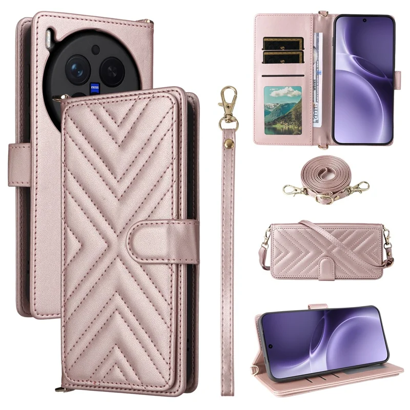 For vivo X300 Pro 5G Leather Case Stand Wallet Phone Cover with Shoulder / Wrist Strap - Pink