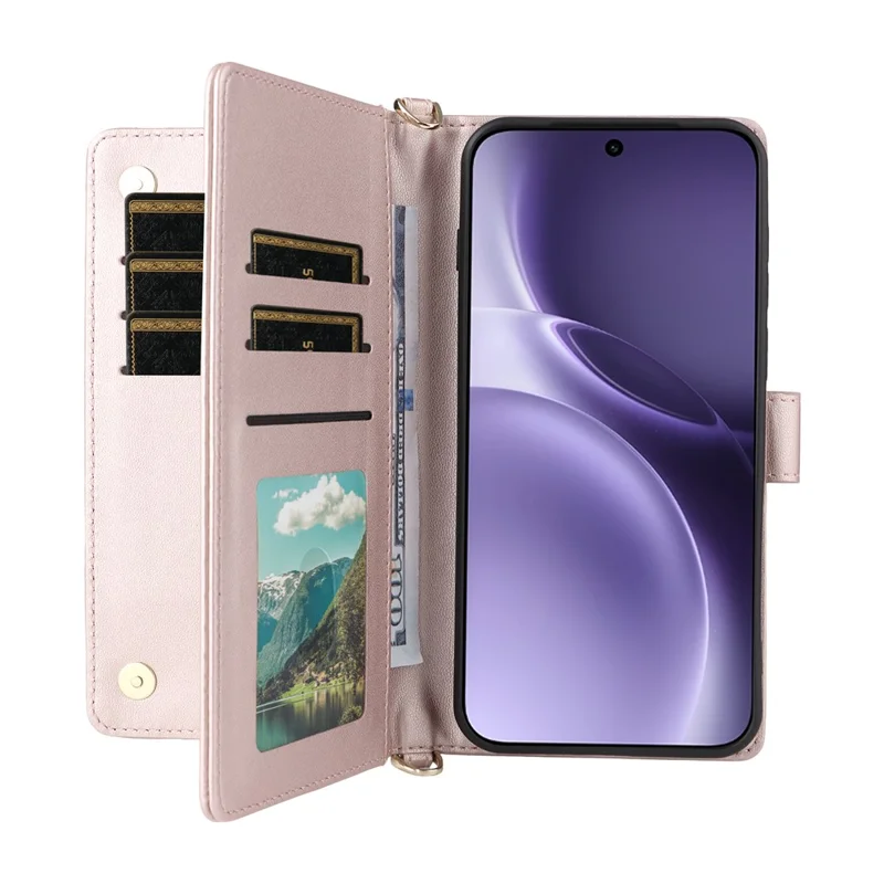 For vivo X300 Pro 5G Leather Case Stand Wallet Phone Cover with Shoulder / Wrist Strap - Pink