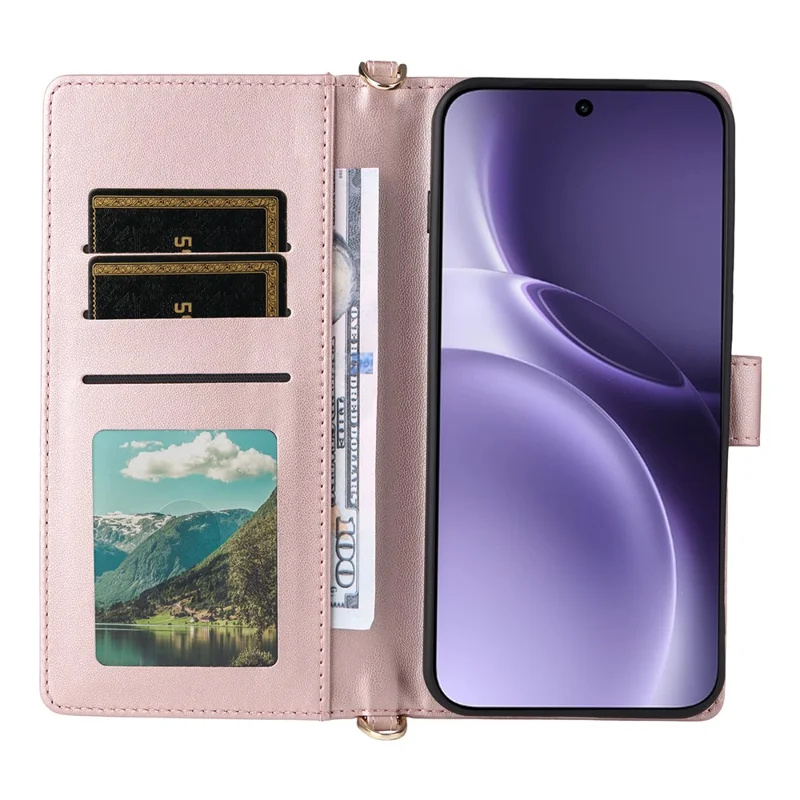 For vivo X300 Pro 5G Leather Case Stand Wallet Phone Cover with Shoulder / Wrist Strap - Pink