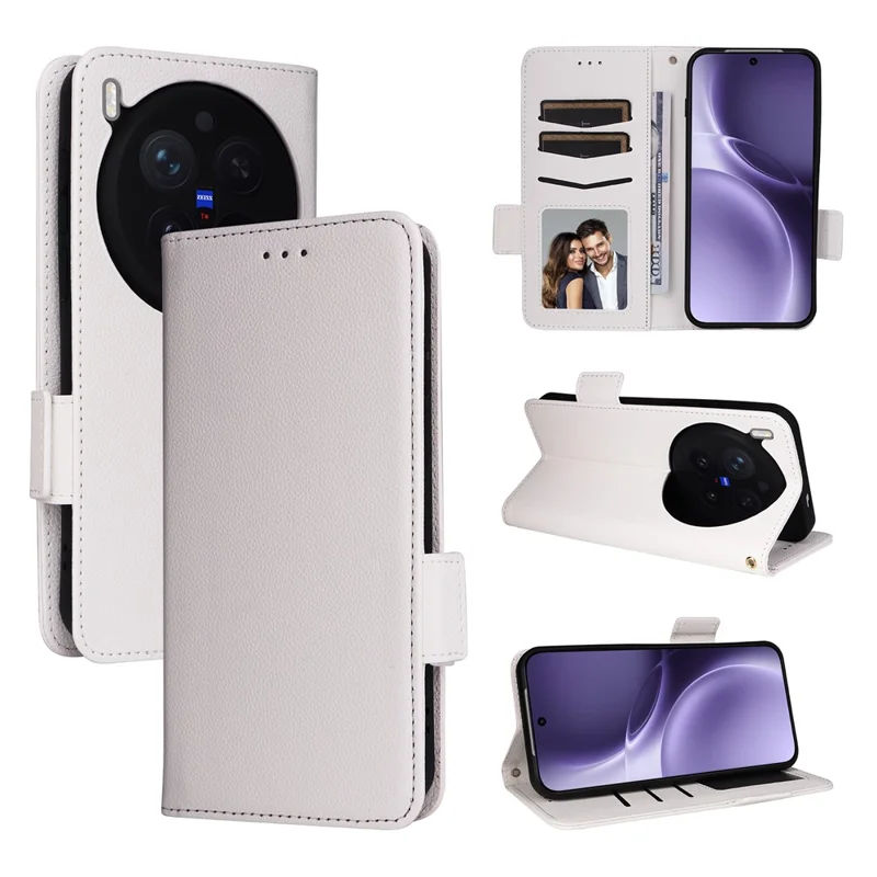 Capa Vivo X300 Pro 5G Textura de Litchi Carteira de Couro Capa de Telefone com Alça de Pulso - Branco