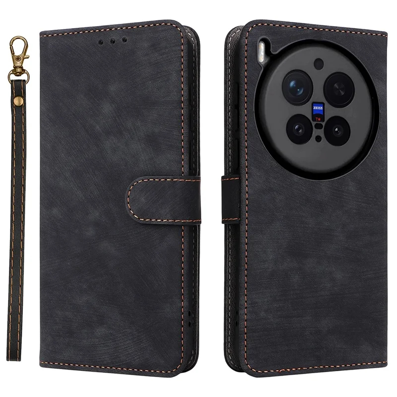 Capa carteira 5G RFID Blocking PU Leather Phone Cover Stand com alça - Preto para vivo X300 Pro