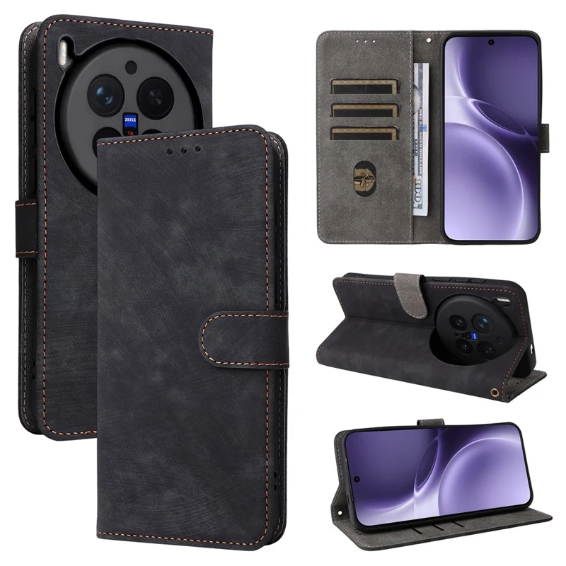 Capa carteira 5G RFID Blocking PU Leather Phone Cover Stand com alça - Preto para vivo X300 Pro