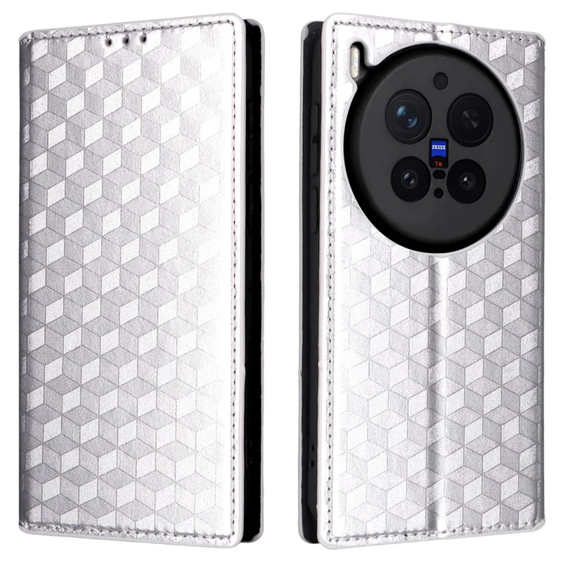 For vivo X300 Pro 5G Case Wallet Rhombus Imprinted PU Leather Phone Cover - Silver
