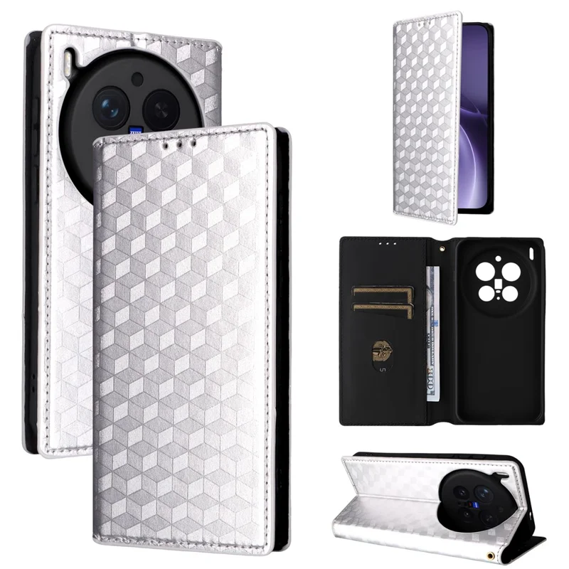 For vivo X300 Pro 5G Case Wallet Rhombus Imprinted PU Leather Phone Cover - Silver
