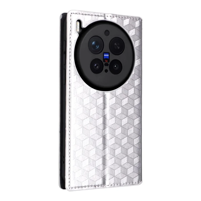 For vivo X300 Pro 5G Case Wallet Rhombus Imprinted PU Leather Phone Cover - Silver