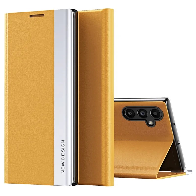 For Samsung Galaxy A14 5G / A14 4G Electroplating PU Leather Flip Viewing Stand Cover Phone Case - Yellow