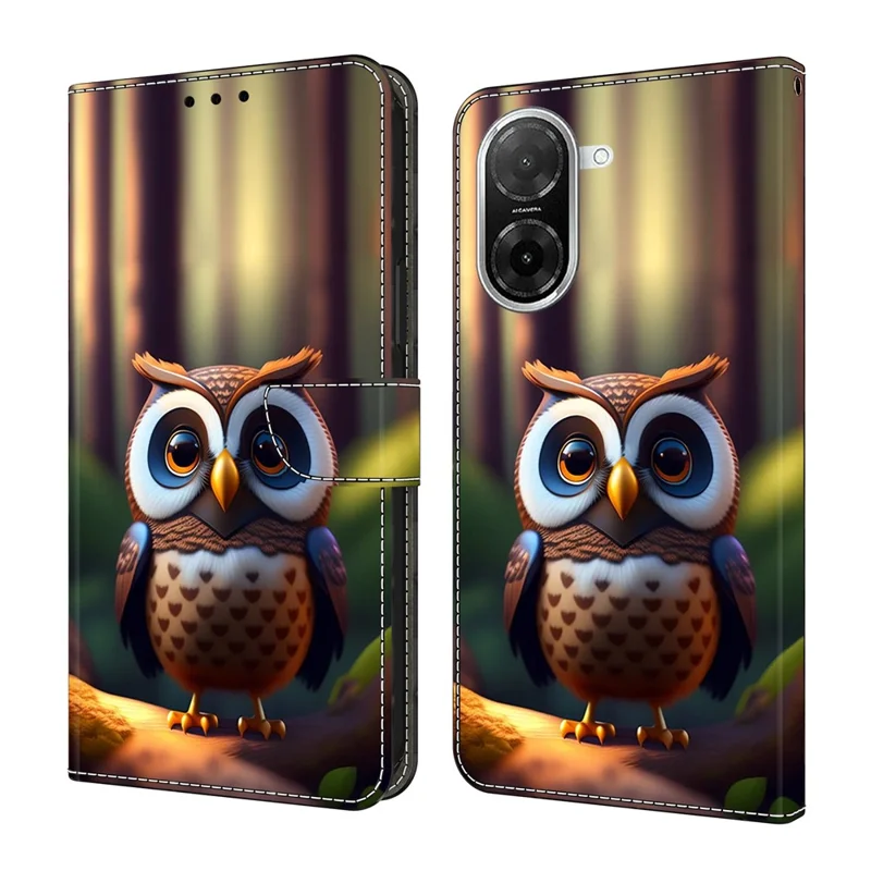 Voor Xiaomi Redmi A5 4G (171,7 mm) / Poco C71 4G Leren Hoesje met Patroonbedrukking Portemonnee Stand Flip Telefoonhoes - Bruin Uiltje