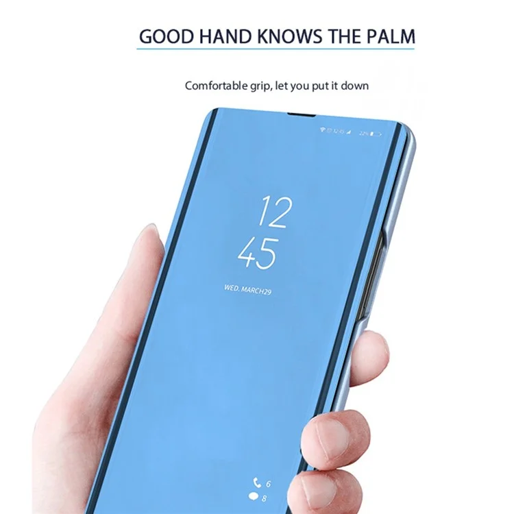 Per Samsung Galaxy A14 5G / A14 4G View Window PU Leather Case Stand Feature Mirror Electroplating Phone Cover Protector - Blu