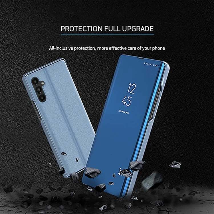 Per Samsung Galaxy A14 5G / A14 4G View Window PU Leather Case Stand Feature Mirror Electroplating Phone Cover Protector - Blu