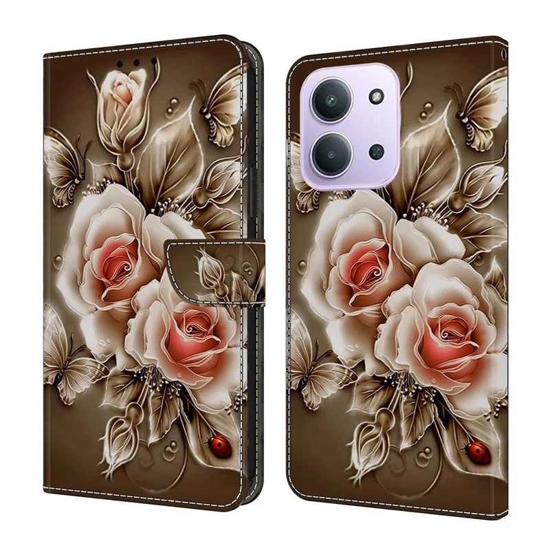 جراب محفظة لهاتف شاومي ريدمي 15 سي 5 جي (الاتحاد الأوروبي) (173 مم) / 4 جي (الاتحاد الأوروبي) (173 مم) / بوكو سي 85 4 جي (173 مم)، غطاء هاتف قلاب من جلد البولي يوريثان المطبوع بنمط قابل للطي - بني ووردة