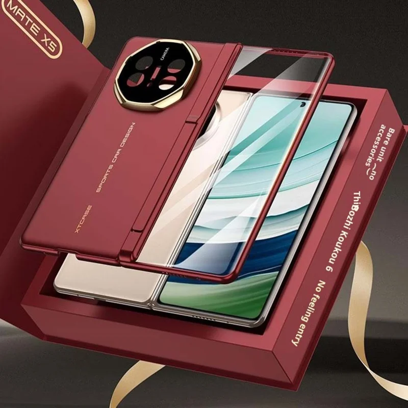 GKK For Huawei Mate X6 Case Magnetic Hinge Hidden Kickstand Ultra Slim PC Phone Cover with HD Clear Tempered Glass Screen Film - Gold / Red