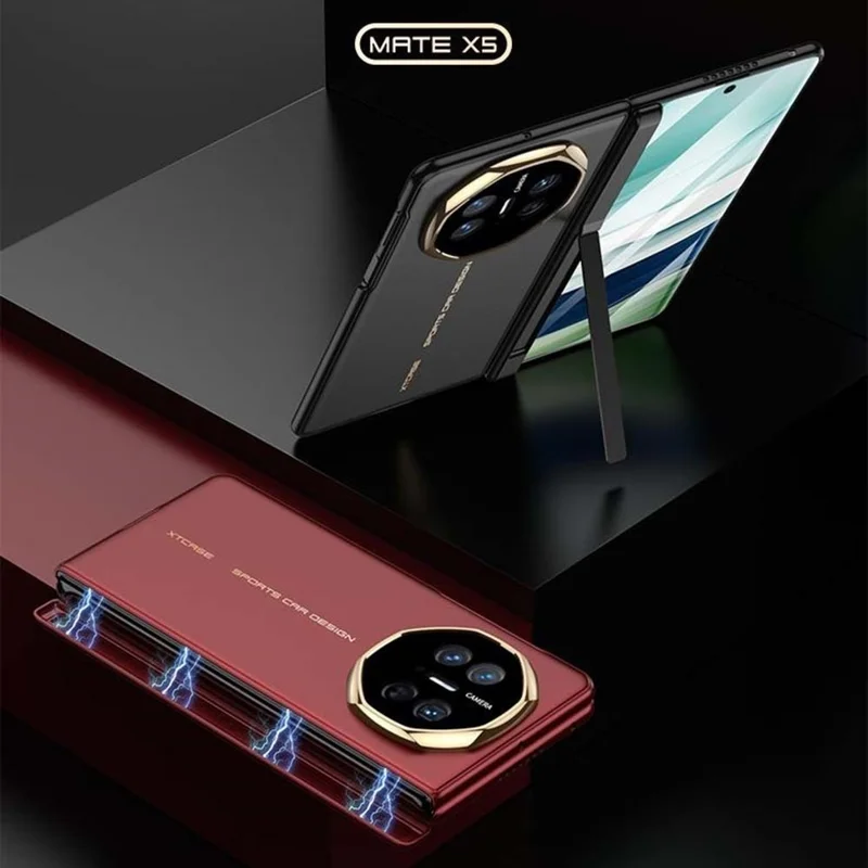 GKK For Huawei Mate X6 Case Magnetic Hinge Hidden Kickstand Ultra Slim PC Phone Cover with HD Clear Tempered Glass Screen Film - Gold / Red