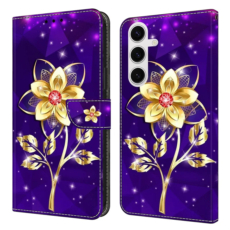 For Samsung Galaxy S26+ Wallet Case Pattern Printing PU Leather Flip Stand Phone Cover - Golden Flowers on Purple