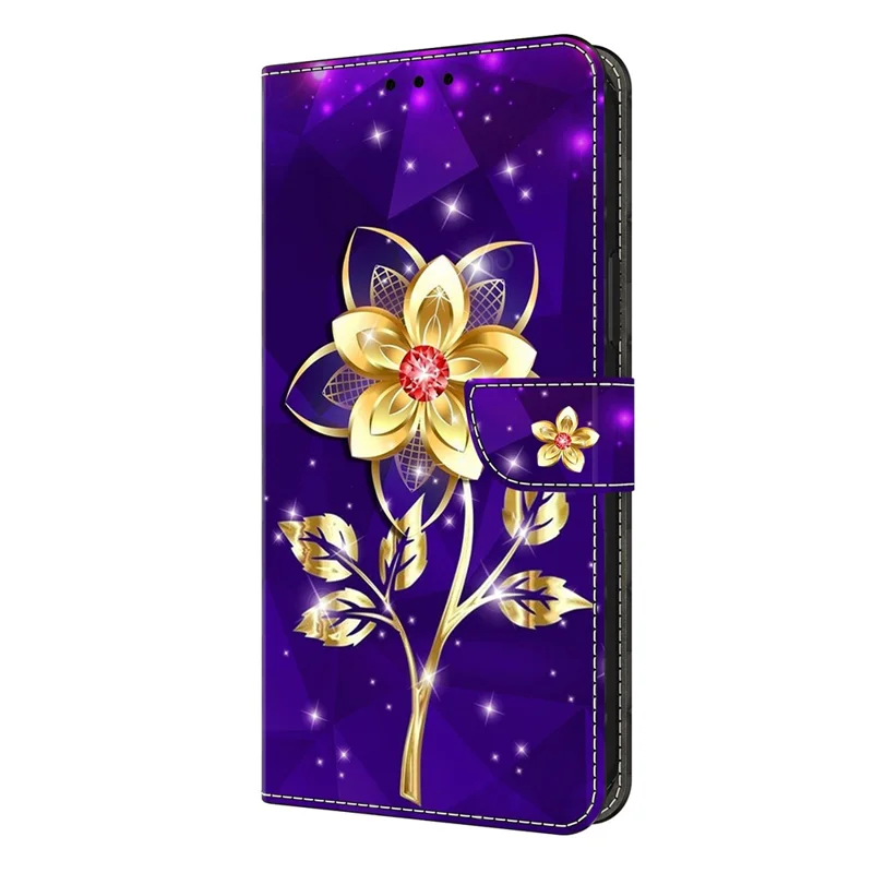 For Samsung Galaxy S26+ Wallet Case Pattern Printing PU Leather Flip Stand Phone Cover - Golden Flowers on Purple