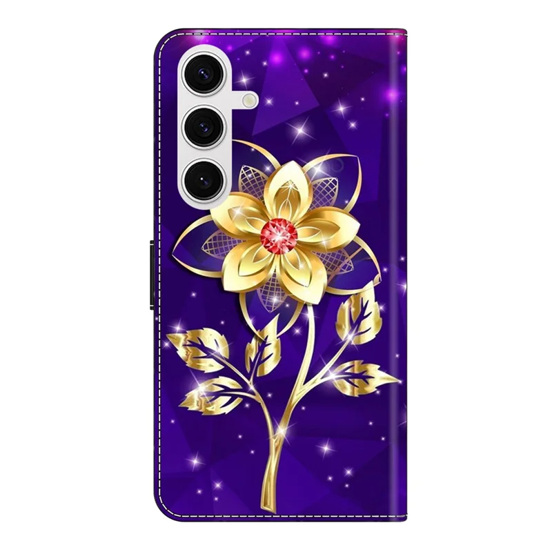 For Samsung Galaxy S26+ Wallet Case Pattern Printing PU Leather Flip Stand Phone Cover - Golden Flowers on Purple