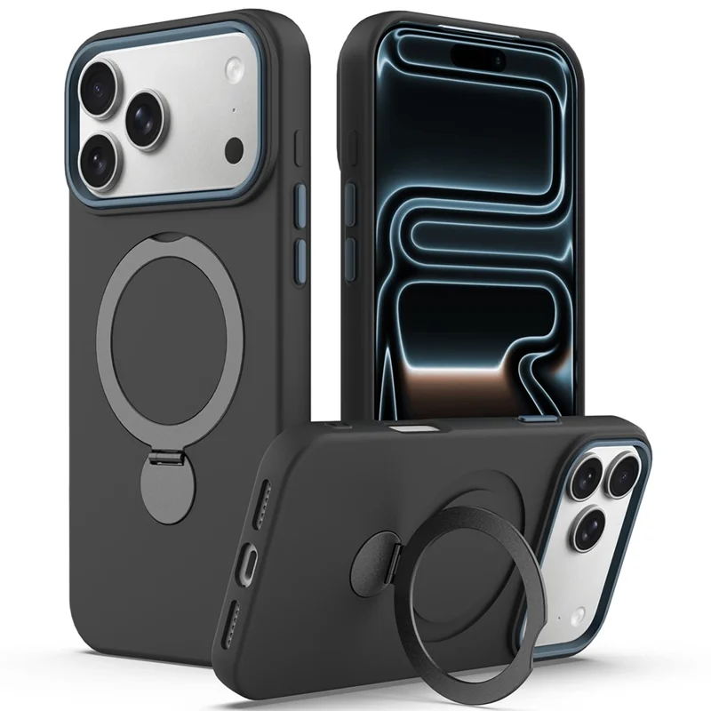 For iPhone 17 Pro Case Compatible with MagSafe Rotating Ring Kickstand TPU + PC Phone Back Cover - Black