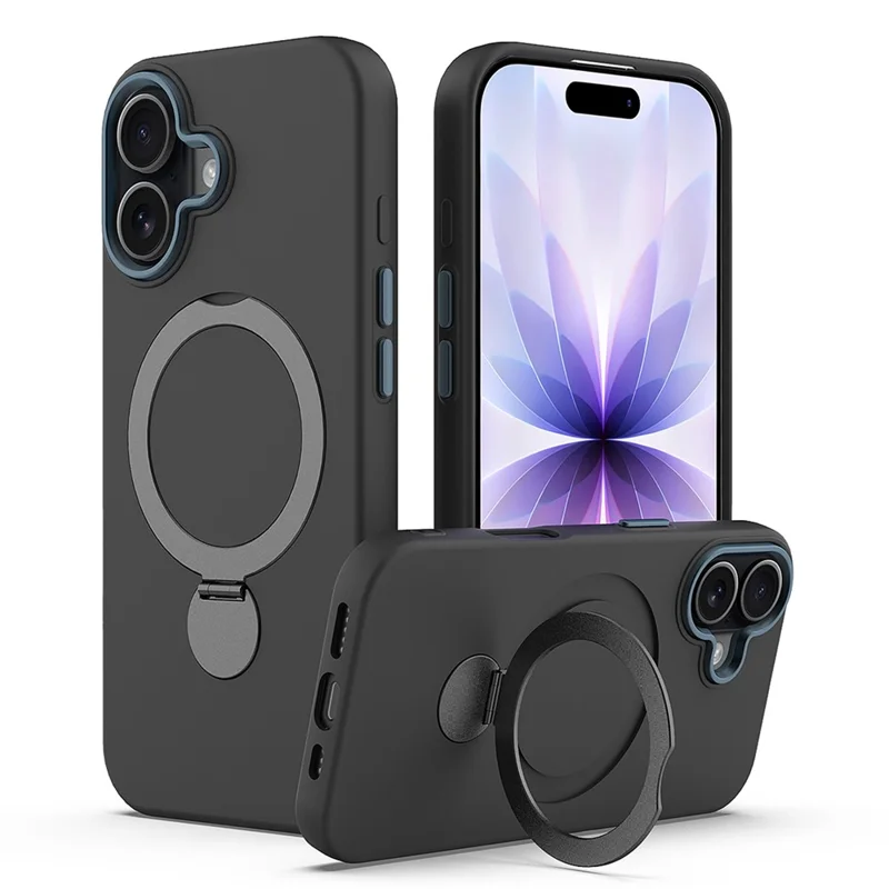 For iPhone 16 Case Compatible with MagSafe Rotating Ring Kickstand TPU + PC Phone Back Cover - Black