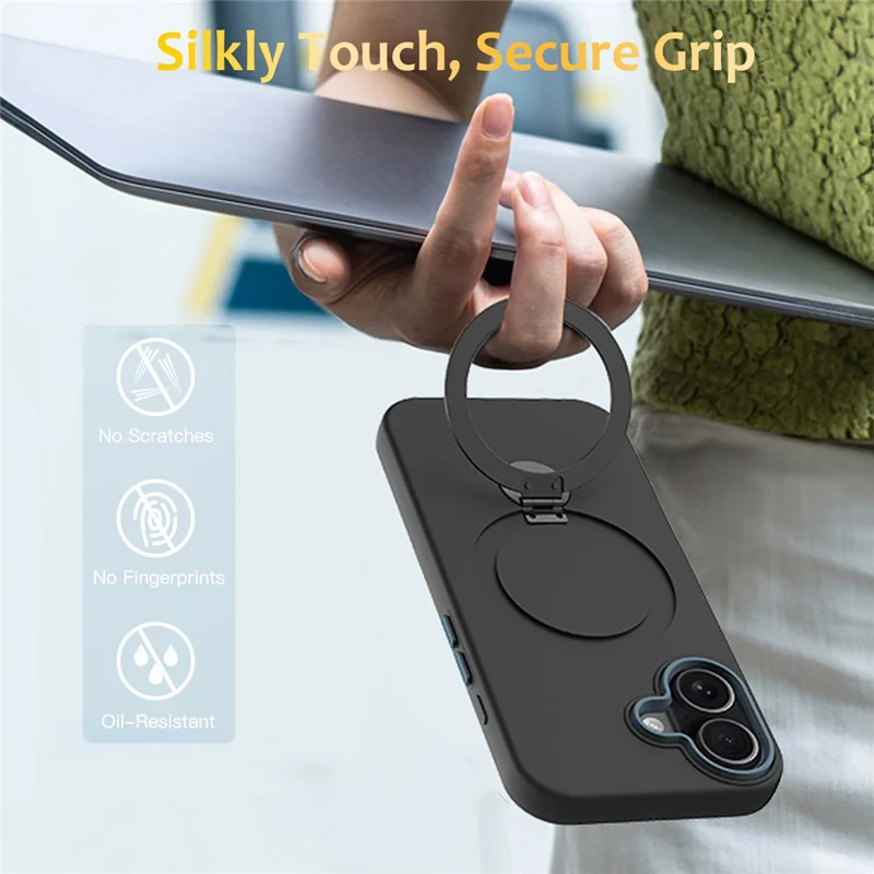 For iPhone 16 Case Compatible with MagSafe Rotating Ring Kickstand TPU + PC Phone Back Cover - Black