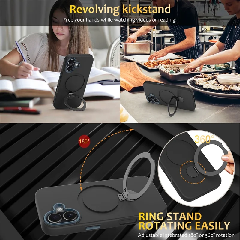 For iPhone 16 Case Compatible with MagSafe Rotating Ring Kickstand TPU + PC Phone Back Cover - Black