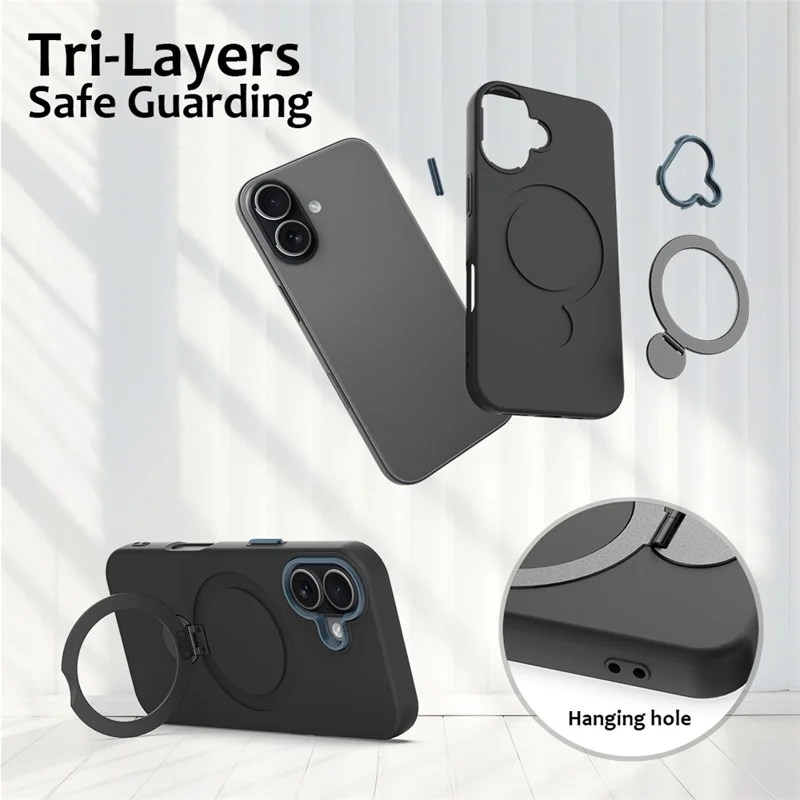 For iPhone 16 Case Compatible with MagSafe Rotating Ring Kickstand TPU + PC Phone Back Cover - Black
