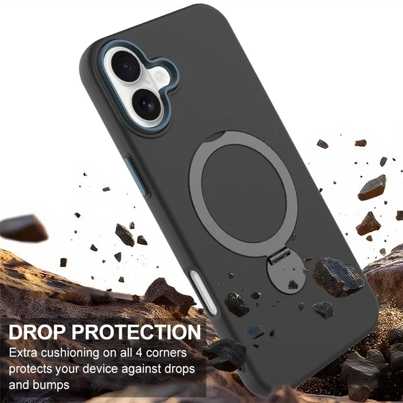 Obudowa na iPhone 16 Plus z kompatybilnością z MagSafe, obracający się pierścień podpórki, tylna pokrywa TPU + PC - Czarny