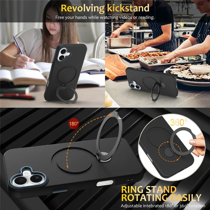 Obudowa na iPhone 16 Plus z kompatybilnością z MagSafe, obracający się pierścień podpórki, tylna pokrywa TPU + PC - Czarny