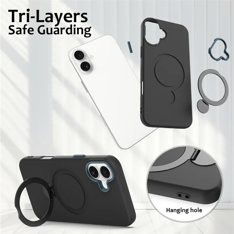 Obudowa na iPhone 16 Plus z kompatybilnością z MagSafe, obracający się pierścień podpórki, tylna pokrywa TPU + PC - Czarny