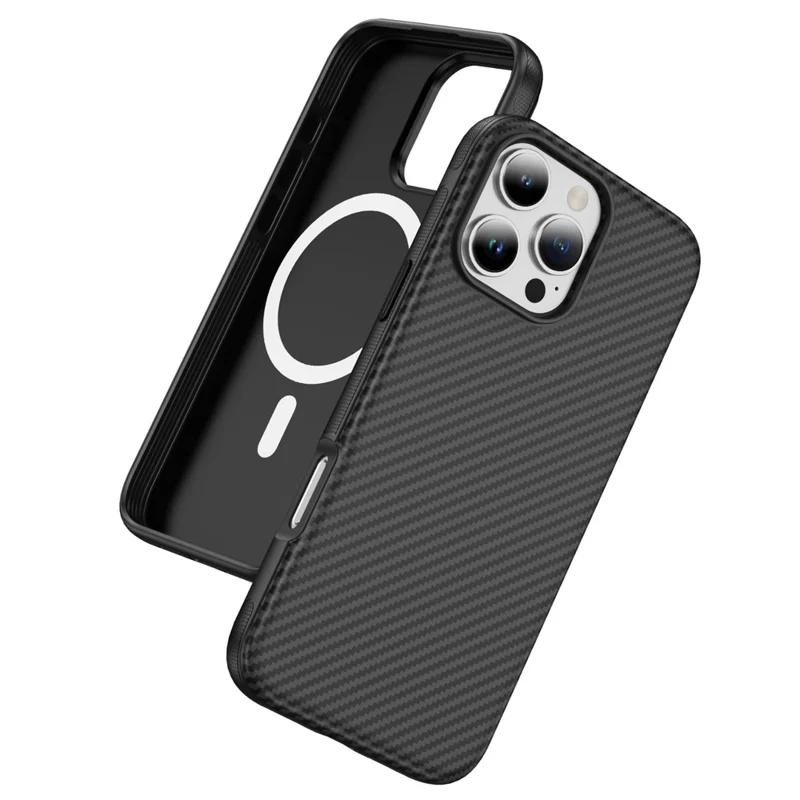 Capa de Toque de Pele para iPhone 16 Pro Max Textura de Fibra de Carbono PC + Capa Traseira de TPU Compatível com MagSafe - Preto+Preto