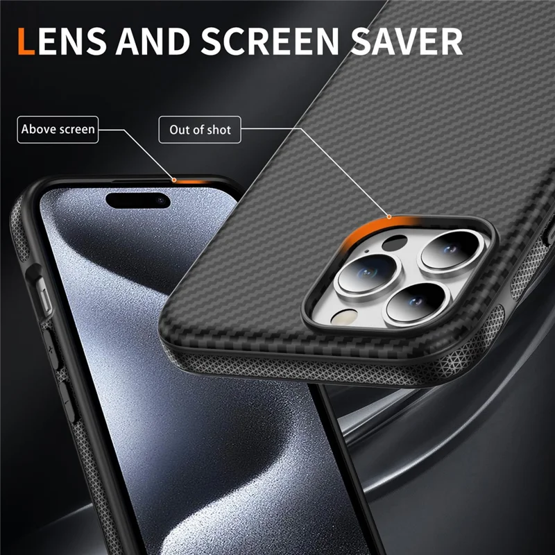 Étui de protection en fibre de carbone pour iPhone 15 Pro Max compatible avec MagSafe - Noir+Noir