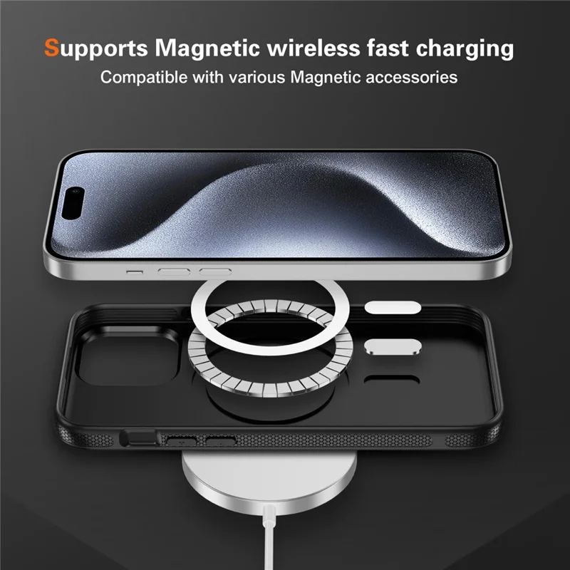Capa de Fibra de Carbono Texturizada PC + TPU Compatível com MagSafe para iPhone 15 Pro - Preto+Preto