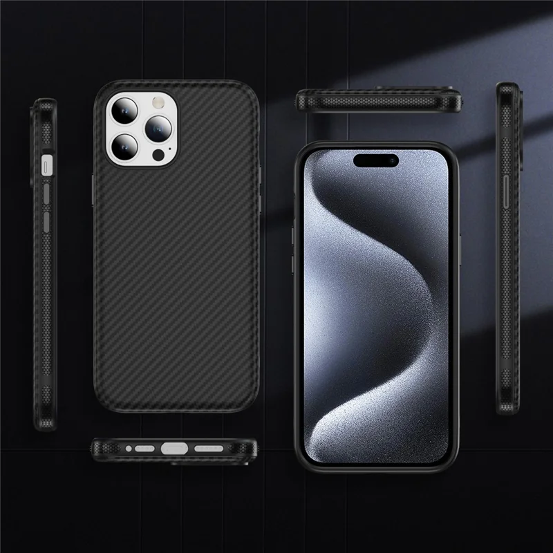 Capa de Fibra de Carbono Texturizada PC + TPU Compatível com MagSafe para iPhone 15 Pro - Preto+Preto