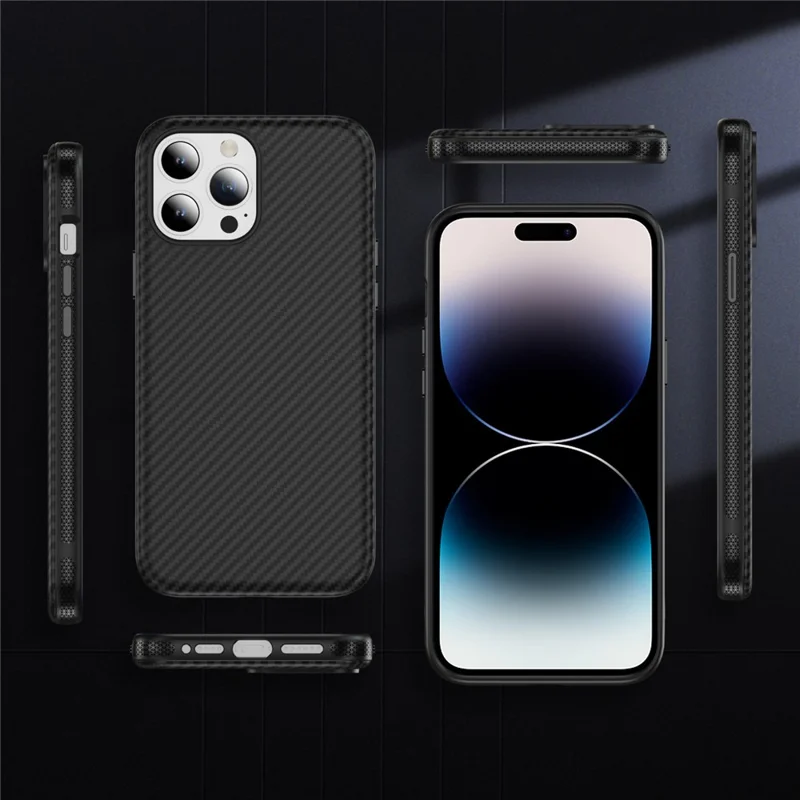 iPhone 14 Pro Max Skin-Touch-Hülle Kohlefaser-Textur PC + TPU Rückabdeckung kompatibel mit MagSafe - Schwarz+Schwarz