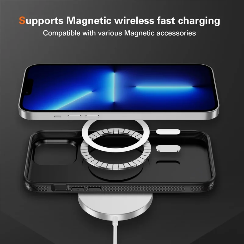 iPhone 13 Pro Max Skin-touch-Hülle Kohlefaser-Textur PC + TPU Rückabdeckung kompatibel mit MagSafe - Schwarz+Schwarz