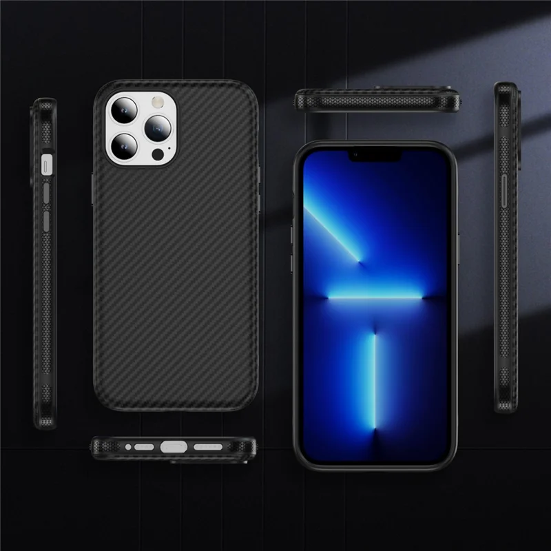 iPhone 13 Pro Max Skin-touch-Hülle Kohlefaser-Textur PC + TPU Rückabdeckung kompatibel mit MagSafe - Schwarz+Schwarz