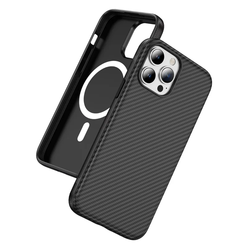 Étui de protection en fibre de carbone pour iPhone 13 Pro, compatible avec MagSafe - Noir+Noir