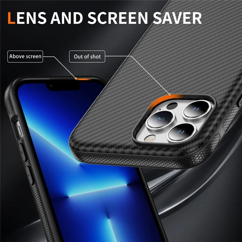 Étui de protection en fibre de carbone pour iPhone 13 Pro, compatible avec MagSafe - Noir+Noir