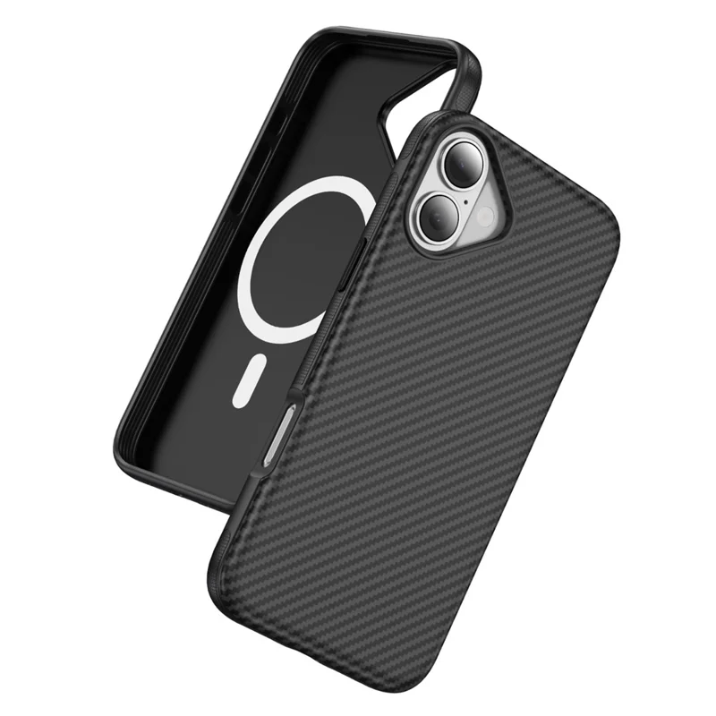 For iPhone 17 Huid-aanraak Case Koolstofvezelstructuur PC + TPU Achterklep Compatibel met MagSafe - Zwart+Zwart