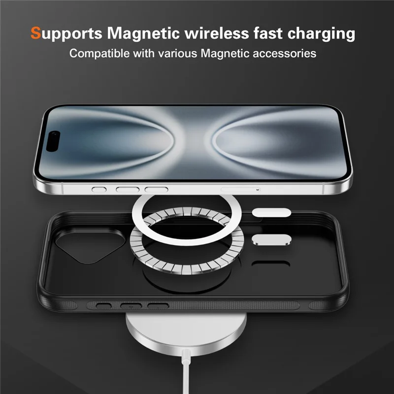 For iPhone 17 Huid-aanraak Case Koolstofvezelstructuur PC + TPU Achterklep Compatibel met MagSafe - Zwart+Zwart