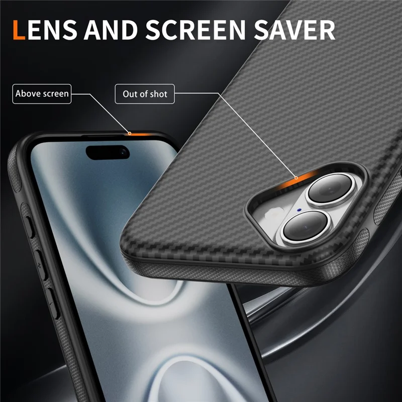 For iPhone 17 Huid-aanraak Case Koolstofvezelstructuur PC + TPU Achterklep Compatibel met MagSafe - Zwart+Zwart