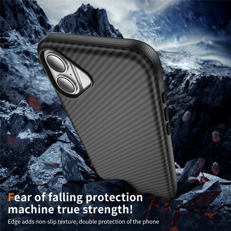 For iPhone 17 Huid-aanraak Case Koolstofvezelstructuur PC + TPU Achterklep Compatibel met MagSafe - Zwart+Zwart