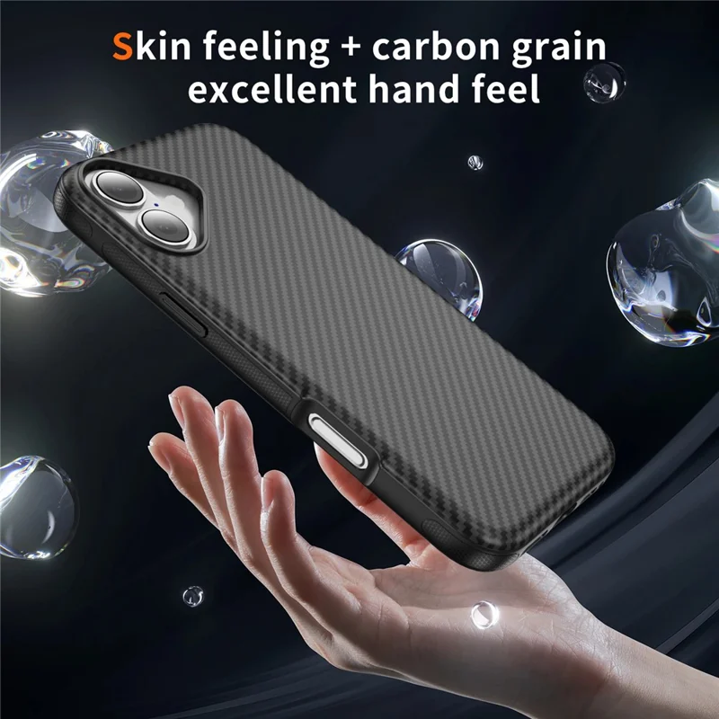 For iPhone 17 Huid-aanraak Case Koolstofvezelstructuur PC + TPU Achterklep Compatibel met MagSafe - Zwart+Zwart