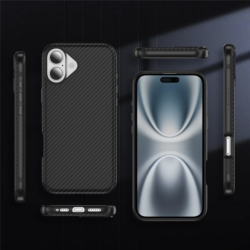 For iPhone 17 Huid-aanraak Case Koolstofvezelstructuur PC + TPU Achterklep Compatibel met MagSafe - Zwart+Zwart