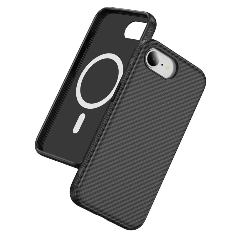 iPhone 16e Skin-touch Hülle Kohlefaser-Textur PC + TPU Rückabdeckung kompatibel mit MagSafe - Schwarz+Schwarz